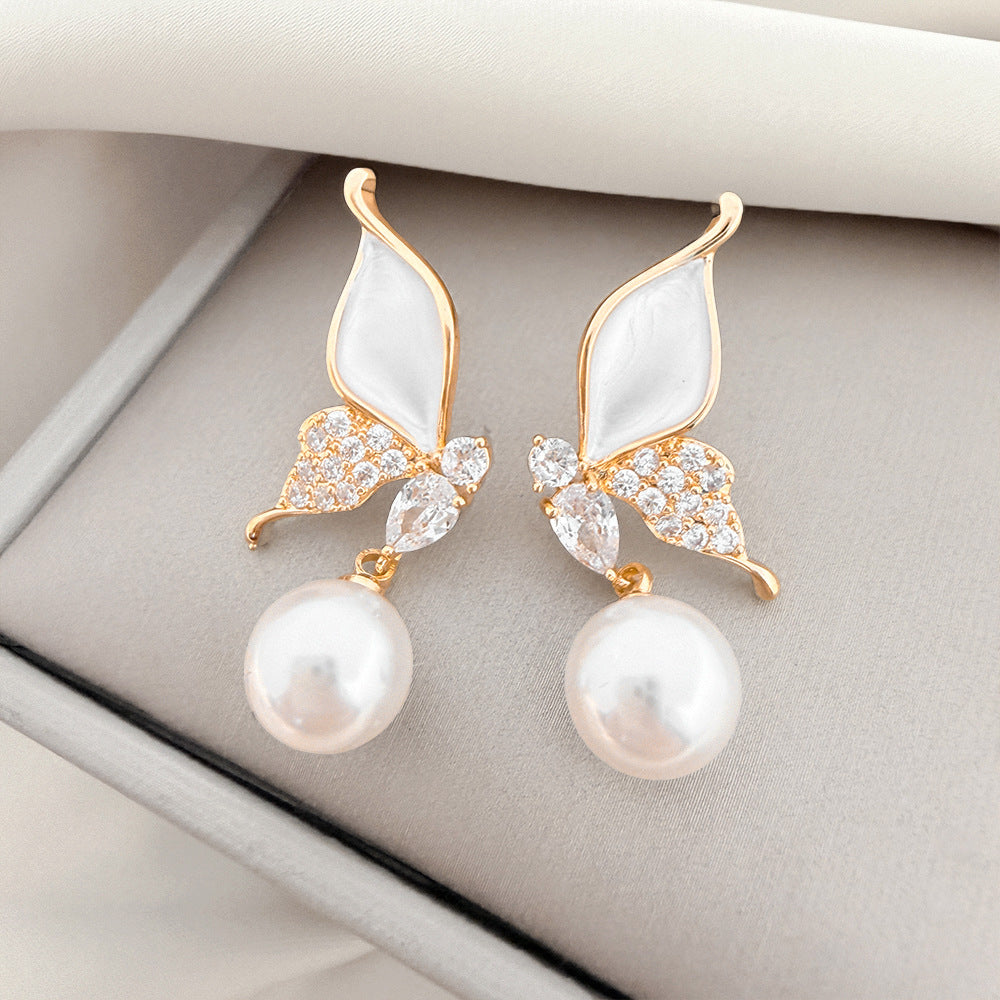 Mother‑of‑Pearl Butterfly Pearl Drop Earrings Elegant Paved Diamond Butterfly Dangle Earrings