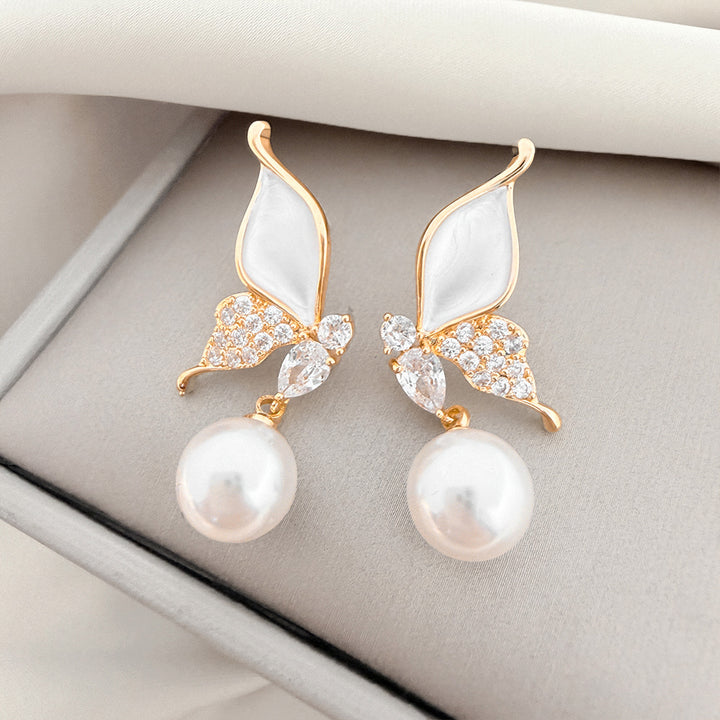 Mother‑of‑Pearl Butterfly Pearl Drop Earrings Elegant Paved Diamond Butterfly Dangle Earrings