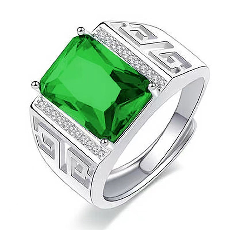 Adjustable Open‑Band Hollow Greek‑Key Men’s Ring Wide Band With Gem & Diamond Accent