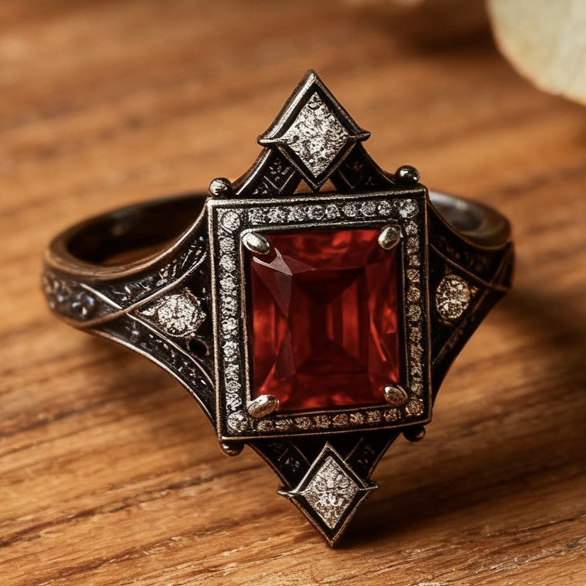 Vintage Edwardian‑Style Square Ruby Center Stone Diamond Ring Antique Open‑Work Carved Women’s Band