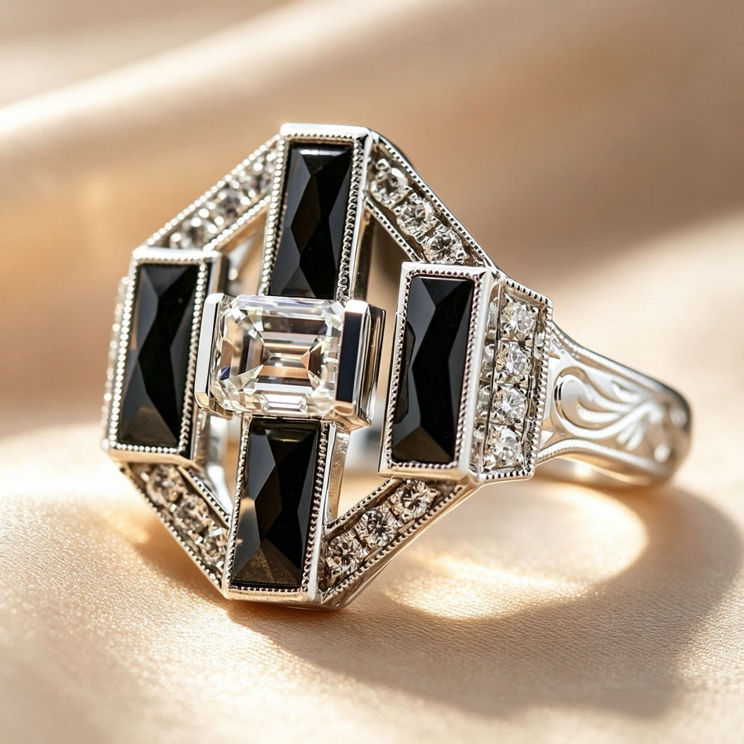 Art Deco Emerald Cut Diamond Statement Ring Black Baguette Agate Geometric Vintage Ring