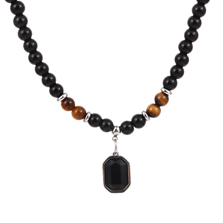 Obsidian & Tiger‑Eye Beaded Necklace Vintage Men’s Geometric Pendant Chain