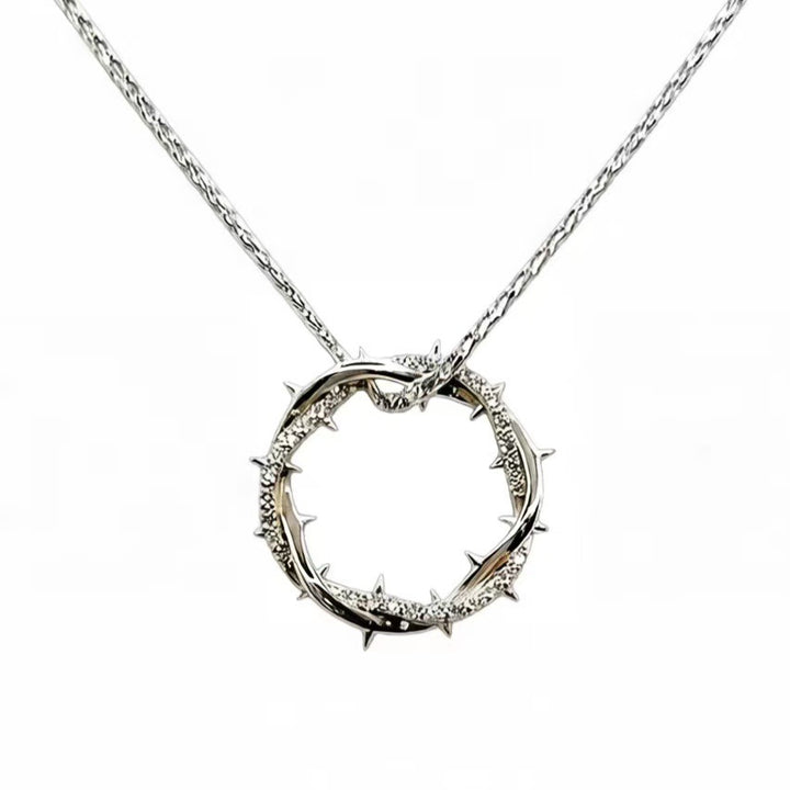 Crown of Thorns Twisted Circle Pendant Necklace Pavé Diamond Inlaid Rope Chain Statement Edgy Unisex Trendy Pendant Jewelry Gift
