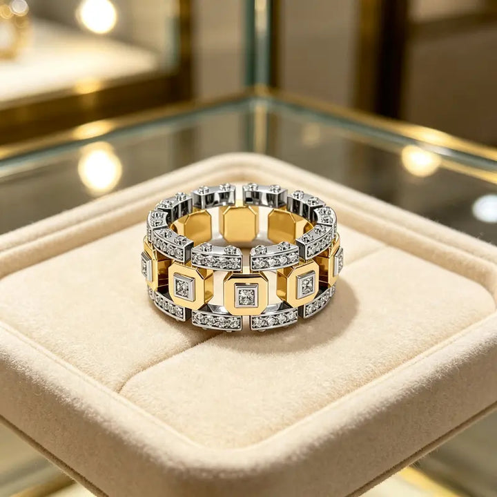 Two Tone Square Diamond Link Band Ring Iced Out Statement Stackable Ring Luxury Geometric Chain Design Fashion Jewelry For Men