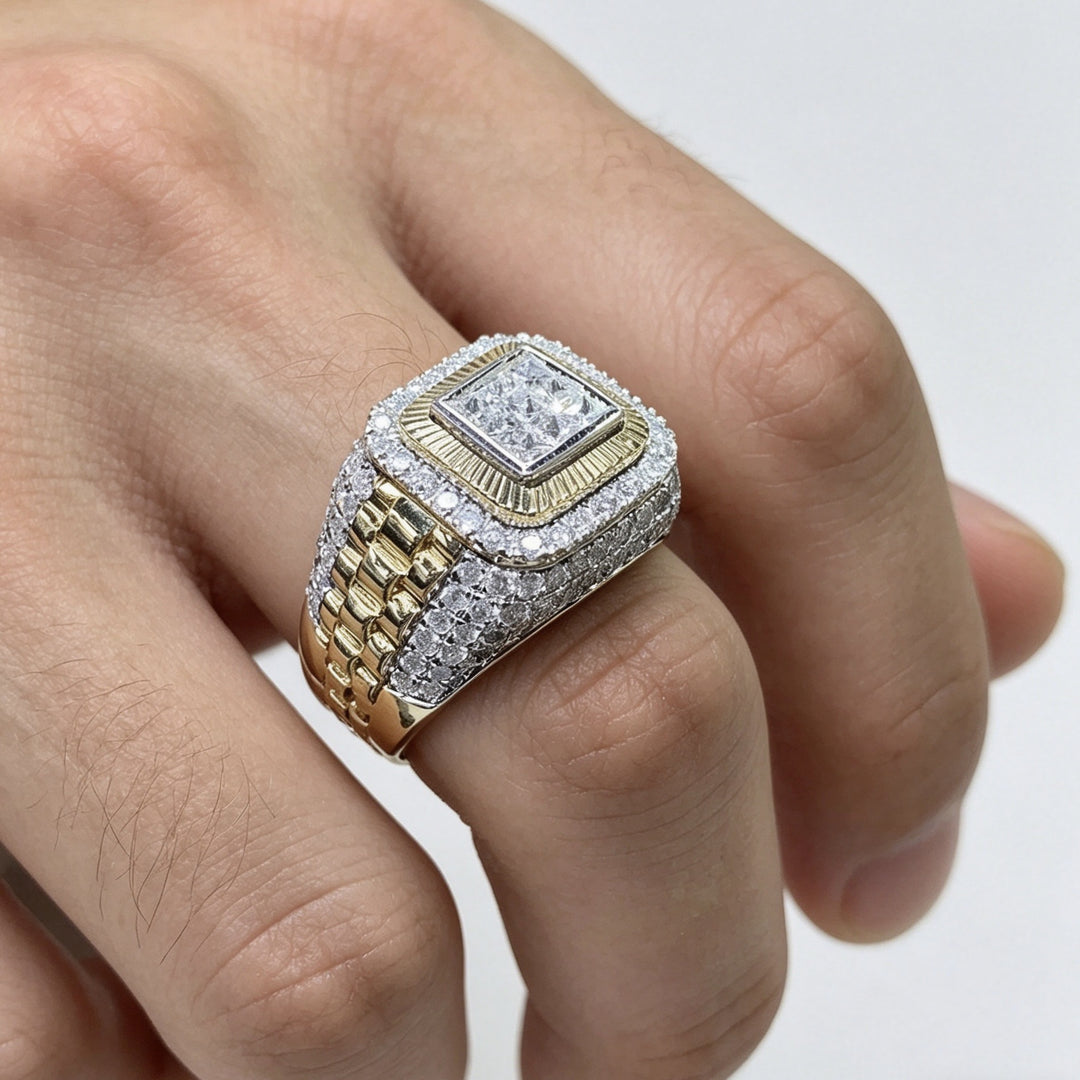 Hip Hop Two‑Tone Square Full Stone Bold Wide Band Mens Ring