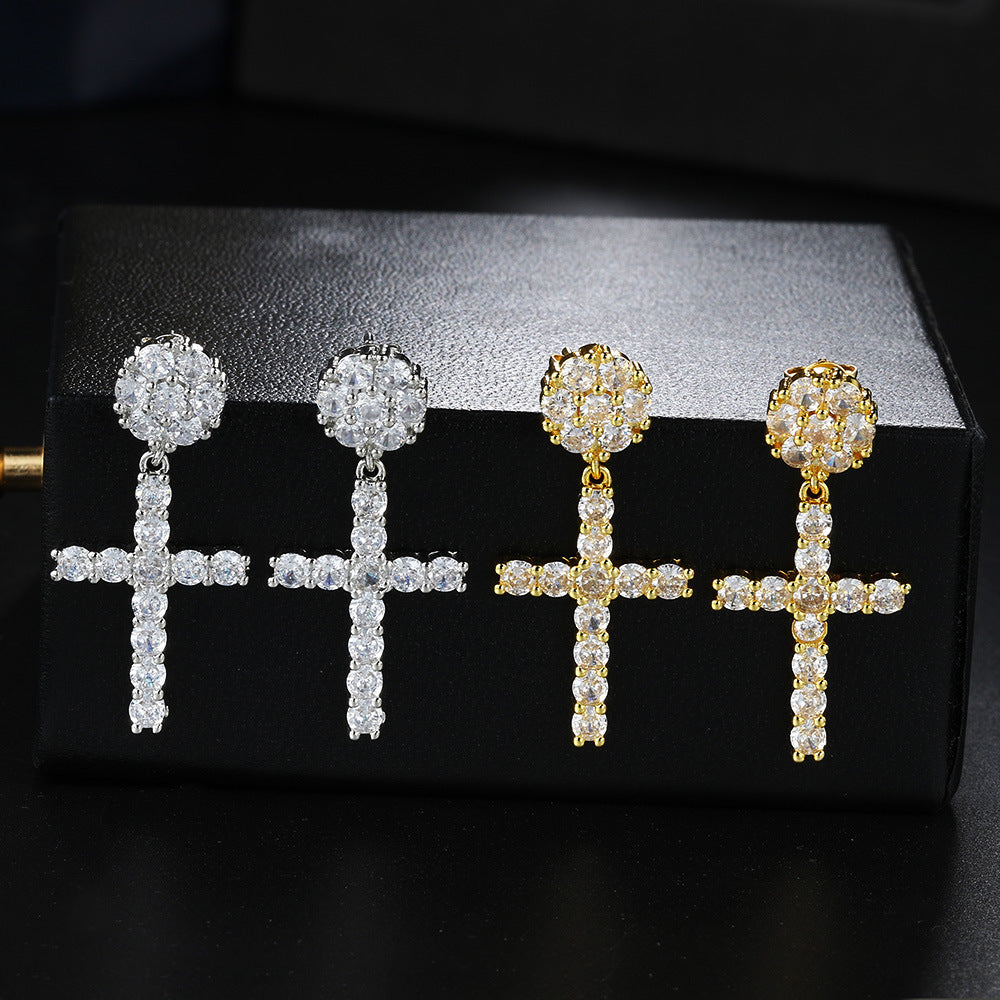 Paved Round Stone Cross Drop Earrings S925 Silver Post Luxury Women Diamond Earrings