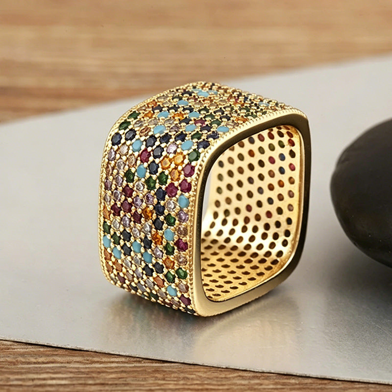 Wide Square Band Diamond Statement Ring Unisex Bold Stackable Cocktail Party Fashion Ring Multi Color Option Jewelry