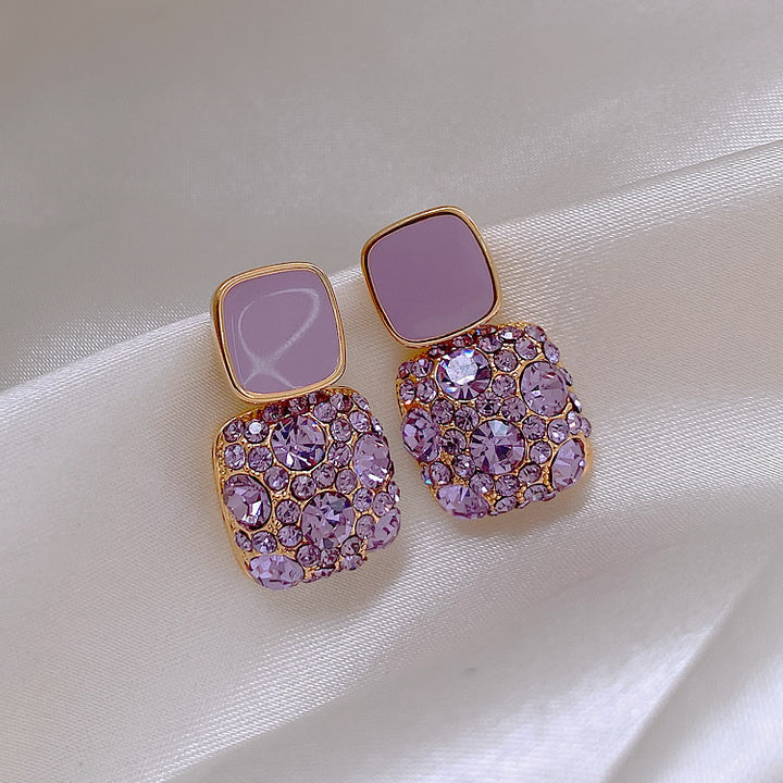 Square Enamel Stud Earrings Women Diamond Paved Gold Two Tone Luxury Jewelry Gift