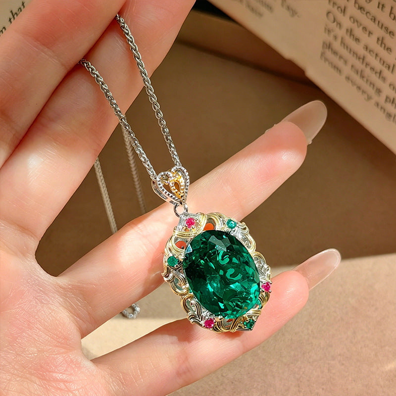 Vintage Emerald Green Oval Diamond Jewelry Set Women Pendant Necklace Earrings Ring Baroque Statement Set