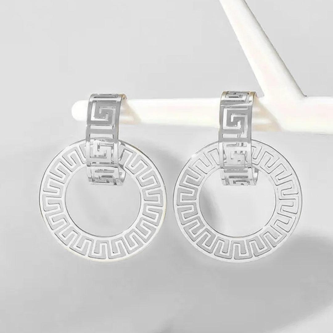 Greek Key Pattern Circle Drop Earrings Hollow Geometric Dangle Earrings Vintage Statement Hoop Earrings Retro Cutout Fashion Jewelry For Women Party Daily Styling
