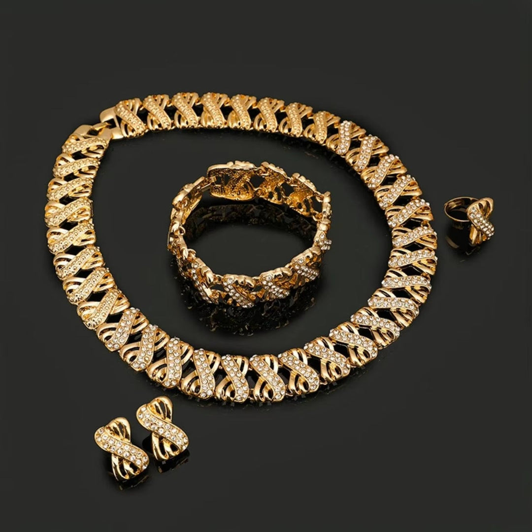 Diamond Twisted Interwoven Jewelry Set 4 Pcs Statement Necklace Bracelet Earring Ring Formal Wedding Bridal Jewelry For Women
