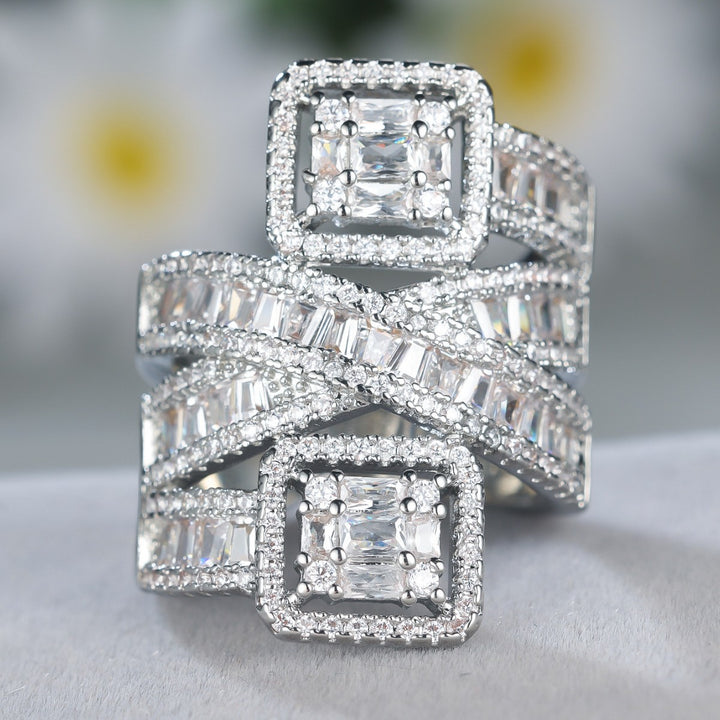 Dual‑Square‑Stone Intertwined Ring Heavy‑Set Full‑Paved Cross‑Design Band