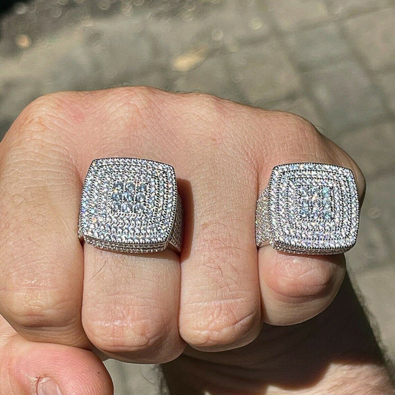 Square Multi‑Layer Full‑Pave Diamond Wide Band Men Ring Hip‑Hop Heavy‑Set Shiny Diamond Ring
