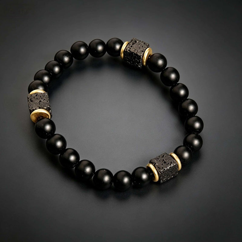Men’s Elastic Bracelet With Obsidian Cube & Matte Black Onyx Beads Retro Contrast Spacer Bracelet