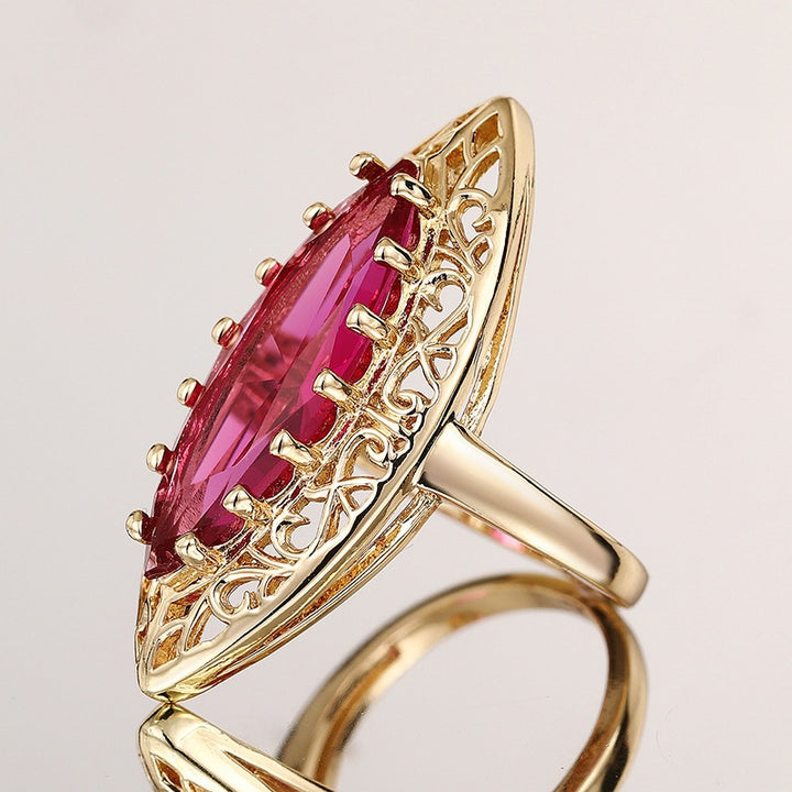 Vintage Marquise Pink Gem Filigree Statement Ring Large Stone Cocktail Ring Hollow Openwork Retro Antique Ring For Women Party Jewelry