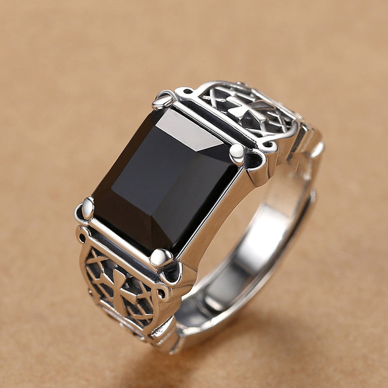 Vintage Rectangle Obsidian Solid Sterling Silver Adjustable Open Ring Men Retro Hollow Cross Carved Statement Ring