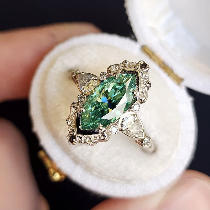 Vintage Marquise Green Diamond Statement Ring Ornate Filigree Three Stone Engagement Ring Antique Art Deco Wedding Ring Fine Jewelry