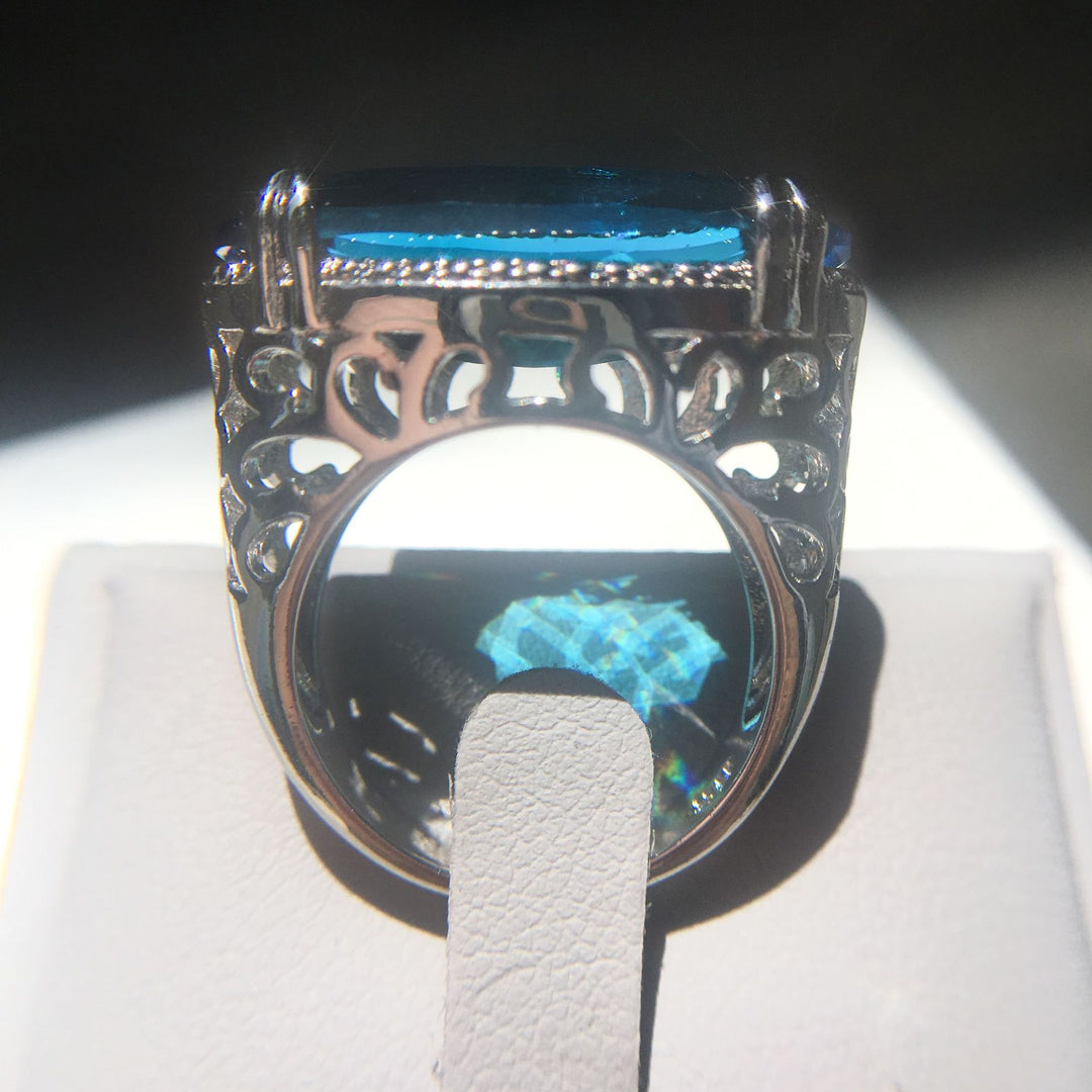 Oval Blue Topaz Cocktail Ring Vintage Hollow Filigree Halo Statement Ring For Women