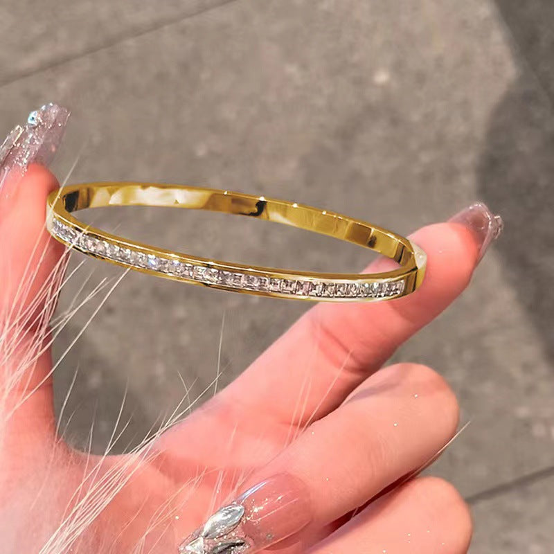 Channel Set Diamond Bangle Thin Stackable Solid Silver & Solid Silver 18K Gold Plated Bracelet For Women