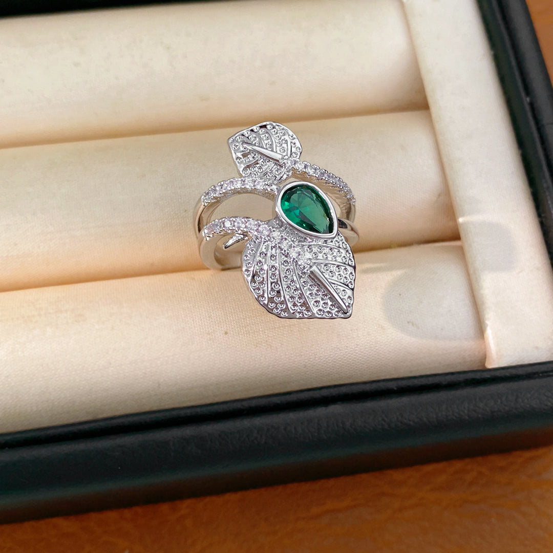 Emerald Green Pear Cut Leaf Open Ring Women Nature Inspired Adjustable Statement Ring Two Tone Jewelry
