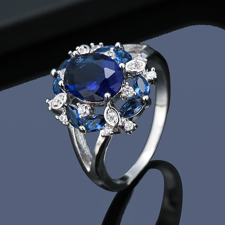 Blue Sapphire Cluster Ring Women Oval Center Stone Marquise Side Halo Diamond Cocktail Ring