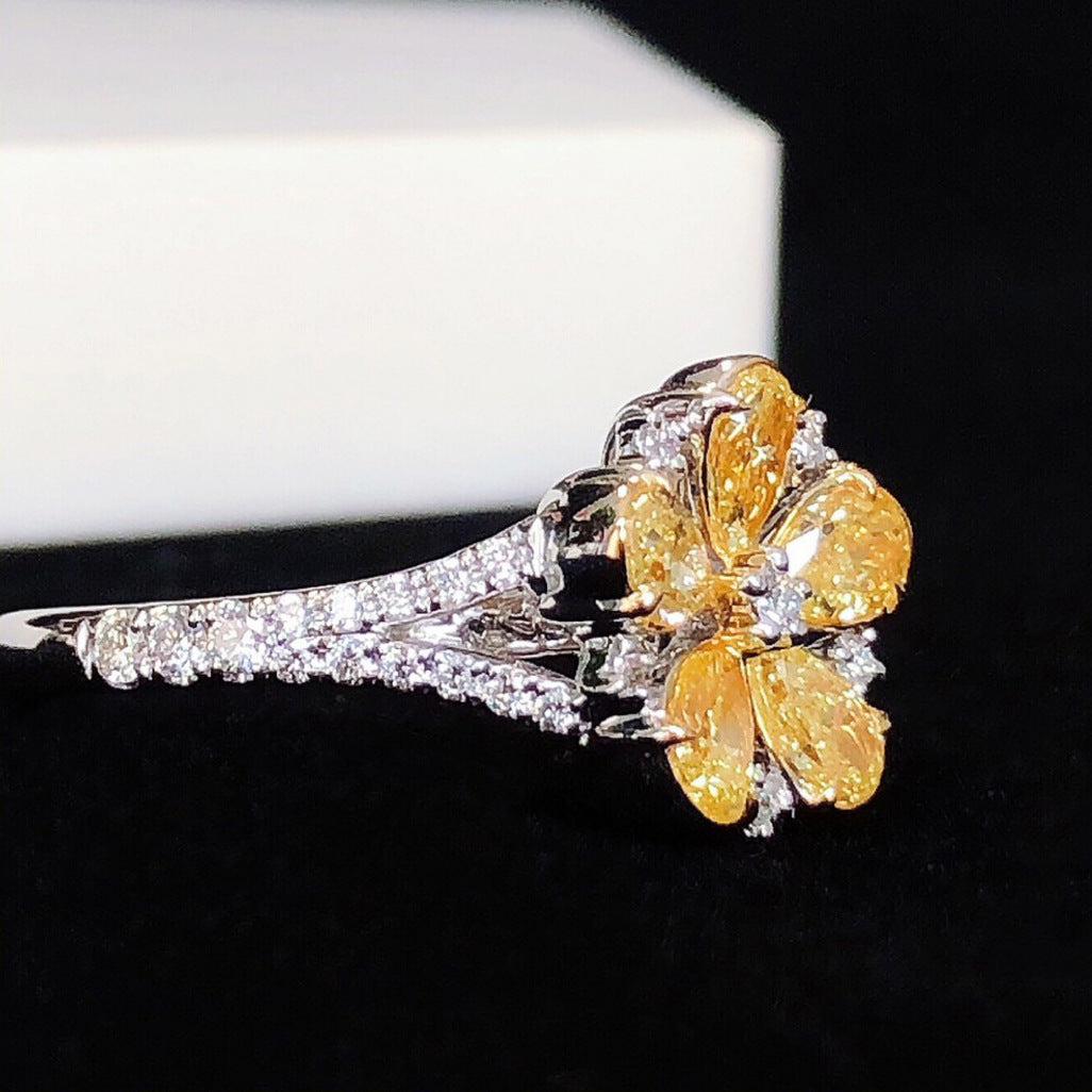 Pear‑Shaped Yellow Diamond Floral Open Adjustable Ring, Paved Split‑Shank Two‑Tone Flower Ladies Ring