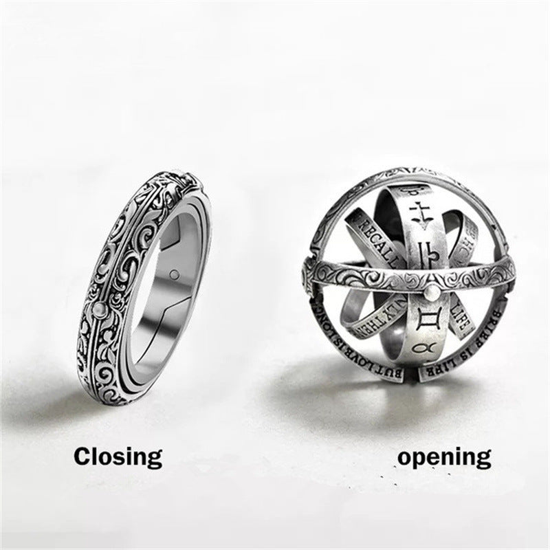 Transformable Armillary Sphere Ring Vintage Engraved Zodiac Symbol Flip‑Open Band