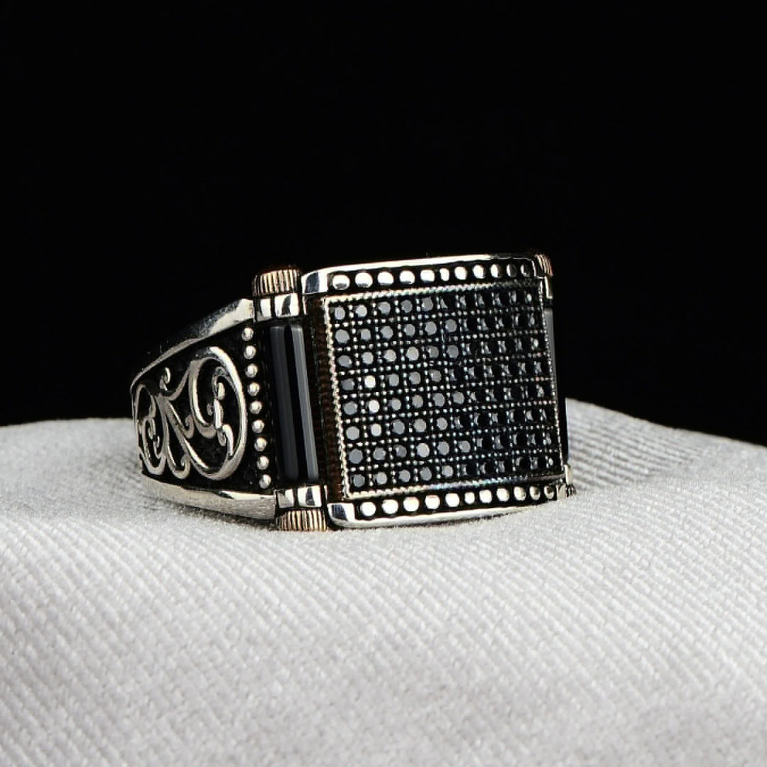 Vintage Square Signet Ring Engraved Scroll Pattern Statement Ring Paved Black Diamond Inlaid Black Stone Two Tone Retro Handmade Men Cocktail Ring Fashion Mens Jewelry
