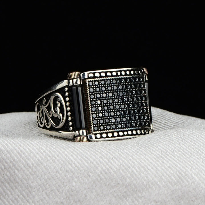 Vintage Square Signet Ring Engraved Scroll Pattern Statement Ring Paved Black Diamond Inlaid Black Stone Two Tone Retro Handmade Men Cocktail Ring Fashion Mens Jewelry