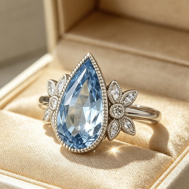 Teardrop Blue Diamond Ring Women Silver Flower Accent Sparkling Luxury Jewelry Gift