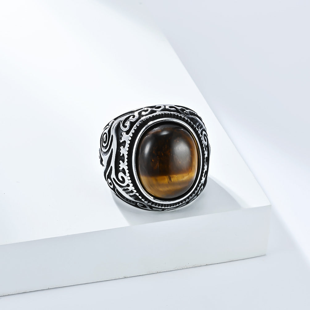 Vintage Carved Tiger‑Eye Titanium Steel Men’s Ring Two‑Tone Wide‑Band Signet Ring