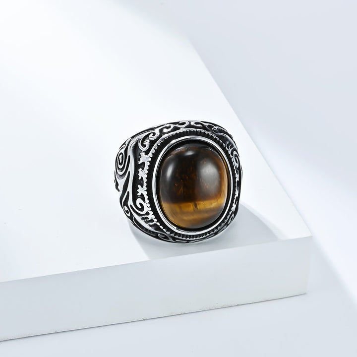 Vintage Carved Tiger‑Eye Titanium Steel Men’s Ring Two‑Tone Wide‑Band Signet Ring