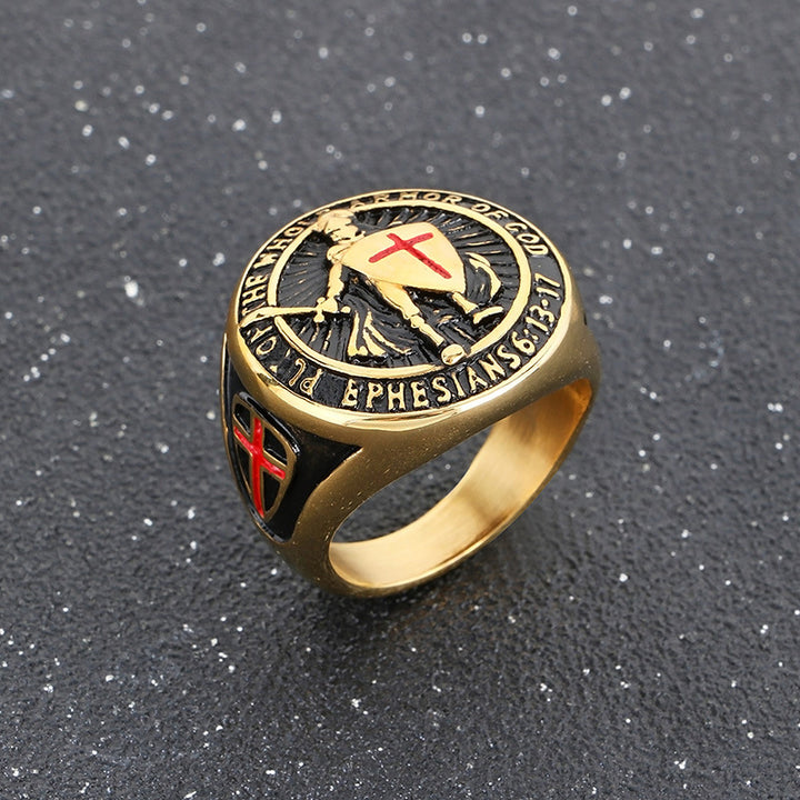 Knights Templar Armor Of God Signet Ring For Men Vintage Cross Engraved Titanium Steel Statement Ring