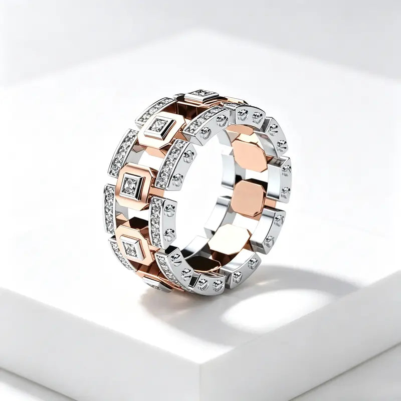 Two Tone Square Diamond Link Band Ring Iced Out Statement Stackable Ring Luxury Geometric Chain Design Fashion Jewelry For Men