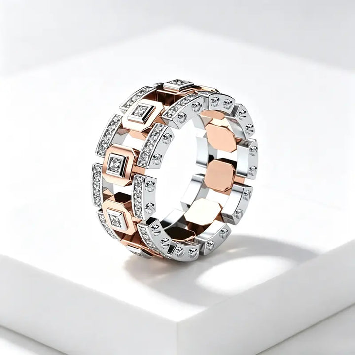Two Tone Square Diamond Link Band Ring Iced Out Statement Stackable Ring Luxury Geometric Chain Design Fashion Jewelry For Men