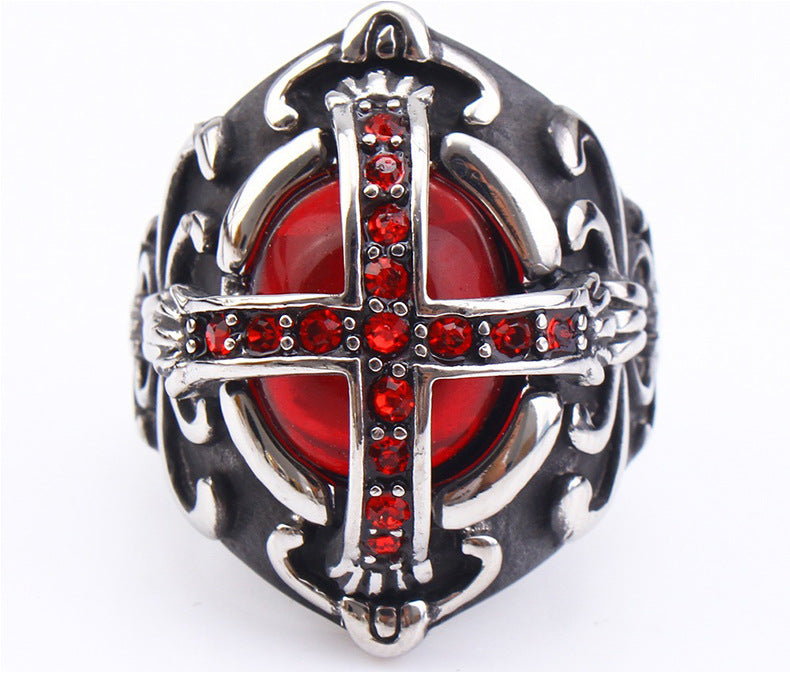 Vintage Cross Red Stone Jewelry Ring Gothic Statement Ring for Men Retro Engraved Finger Ring