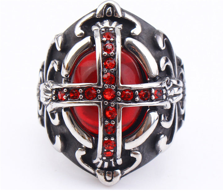 Vintage Cross Red Stone Jewelry Ring Gothic Statement Ring for Men Retro Engraved Finger Ring