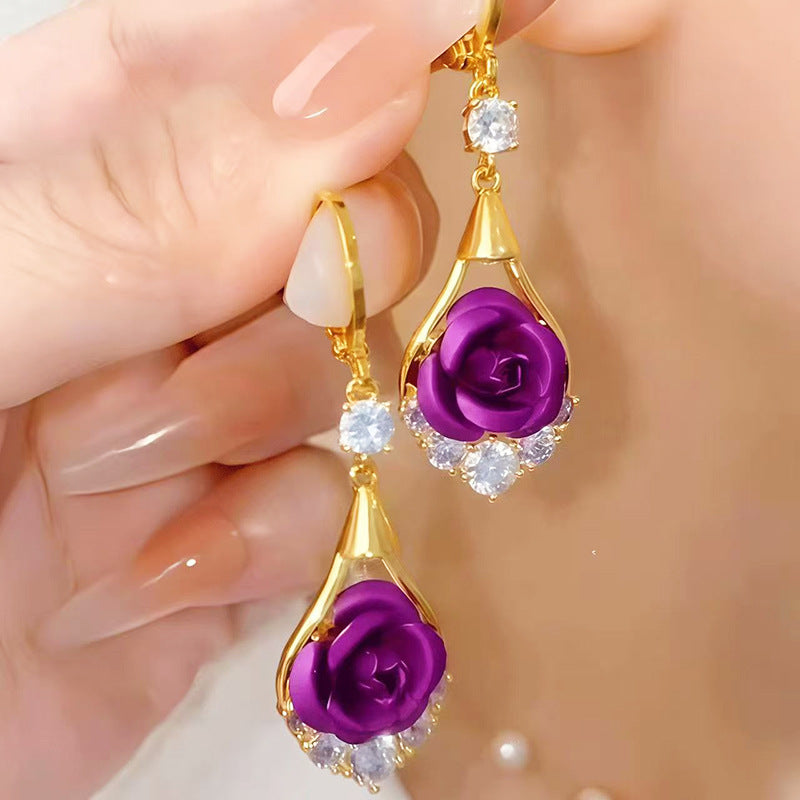 Hollow Teardrop Rose Diamond Dangle Hoop Earrings Vintage Elegant Long Earrings For Women