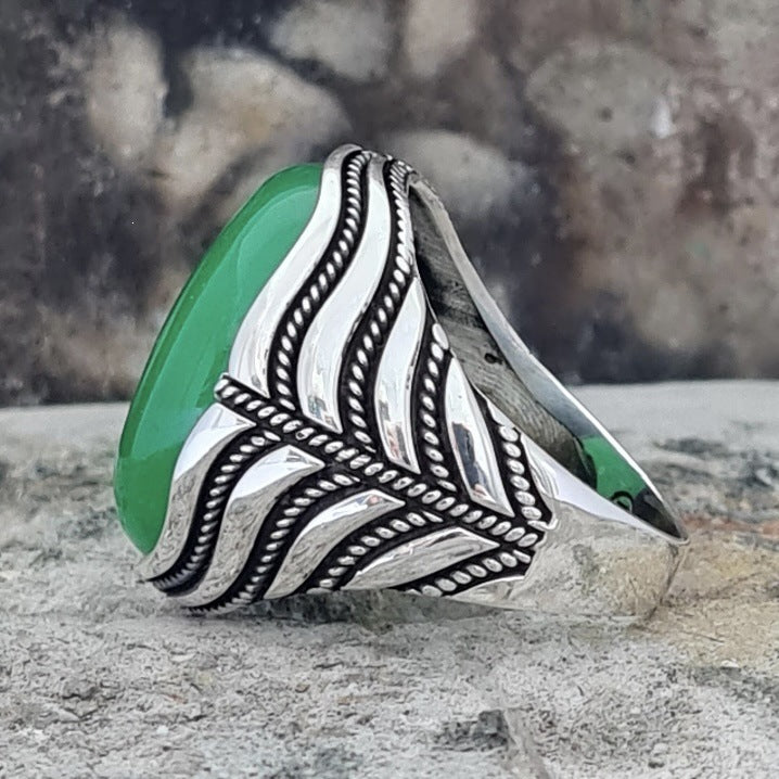 Vintage Ethnic Oval Jade Sterling Silver Unisex Ring, Relief Carved Band