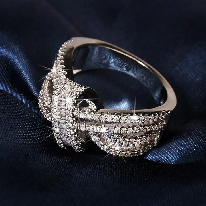 Intertwined Knot Full‑Paved Ring, Women’s Band with Baguette Diamond Interweave Design