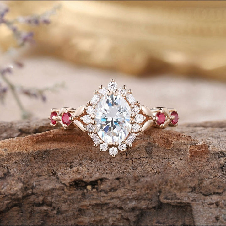 Oval Diamond Halo Engagement Ring Women Rhombus Ruby Accent Vintage Court Style Wedding Ring