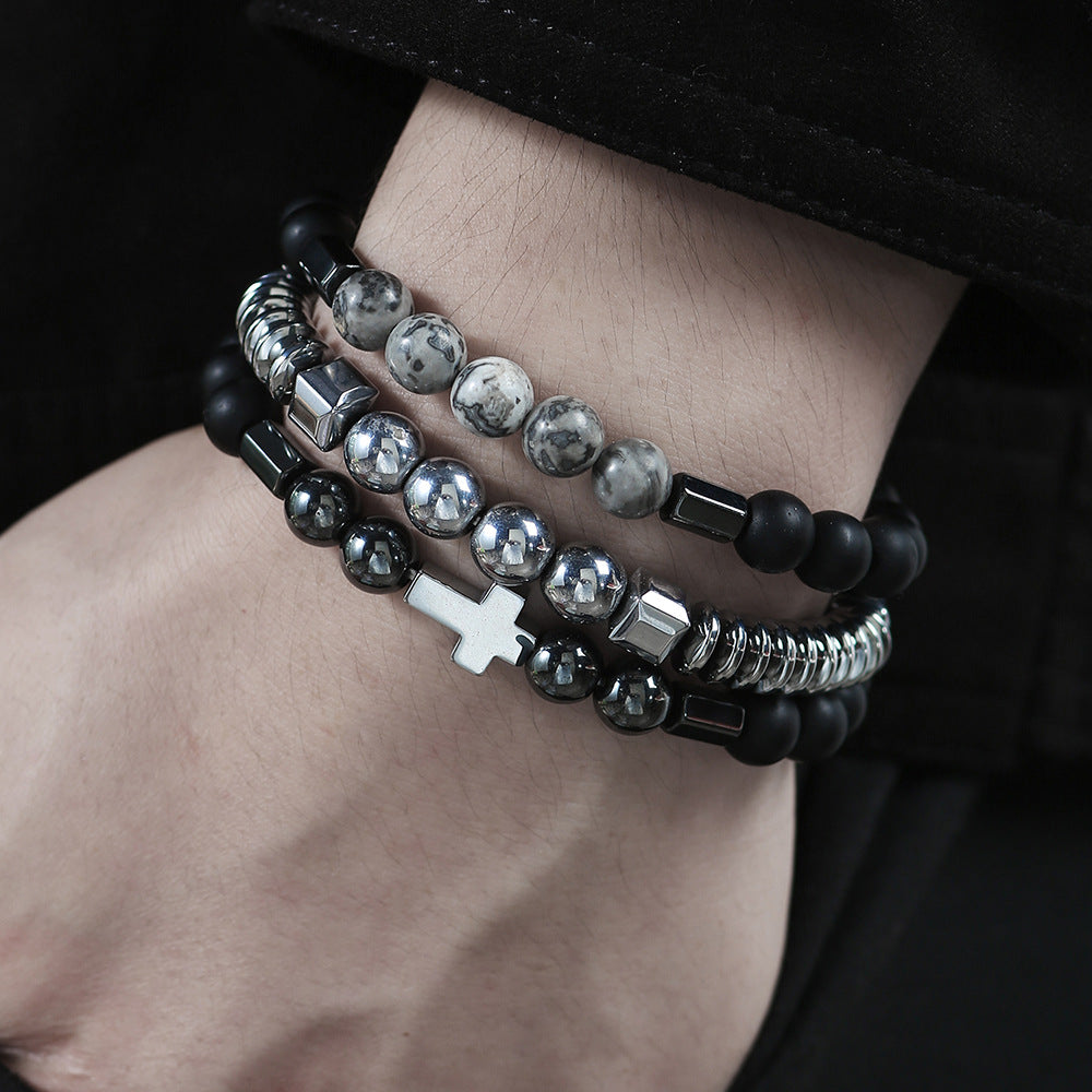 Cross Charm Beaded Stack Bracelet Set Gothic Layered Wristband Trendy Streetwear Statement Hand Jewelry For Men