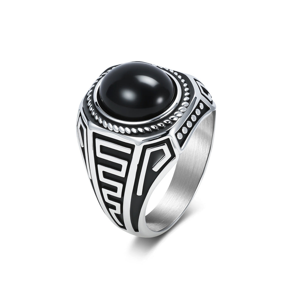 Men Vintage Signet Ring Geometric Pattern Statement Ring Inlaid Round Black Gemstone Retro Engraved Band Daily Punk Fashion Jewelry Gift