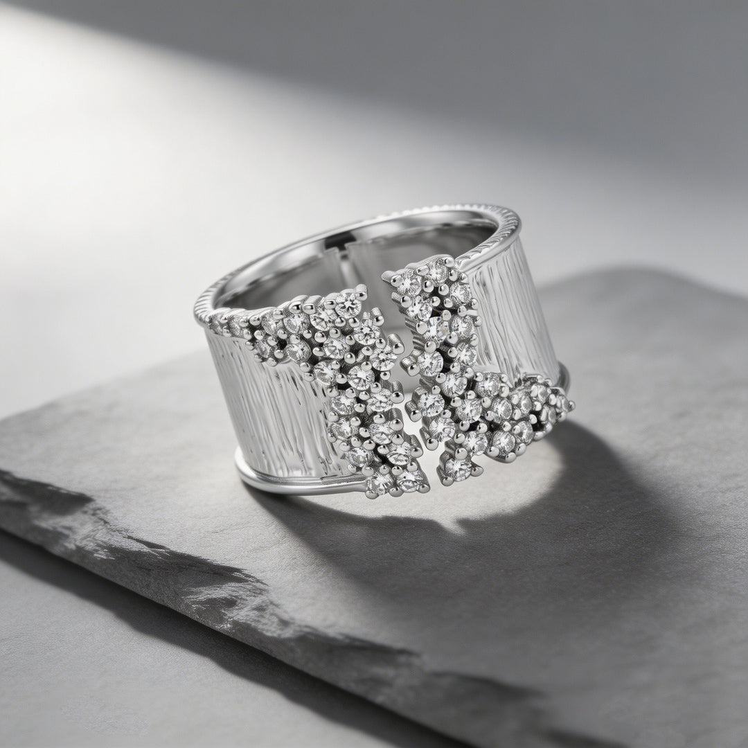 Wide Band Diamond Statement Ring Women Textured Open Cuff Bold Fashion Cocktail Ring