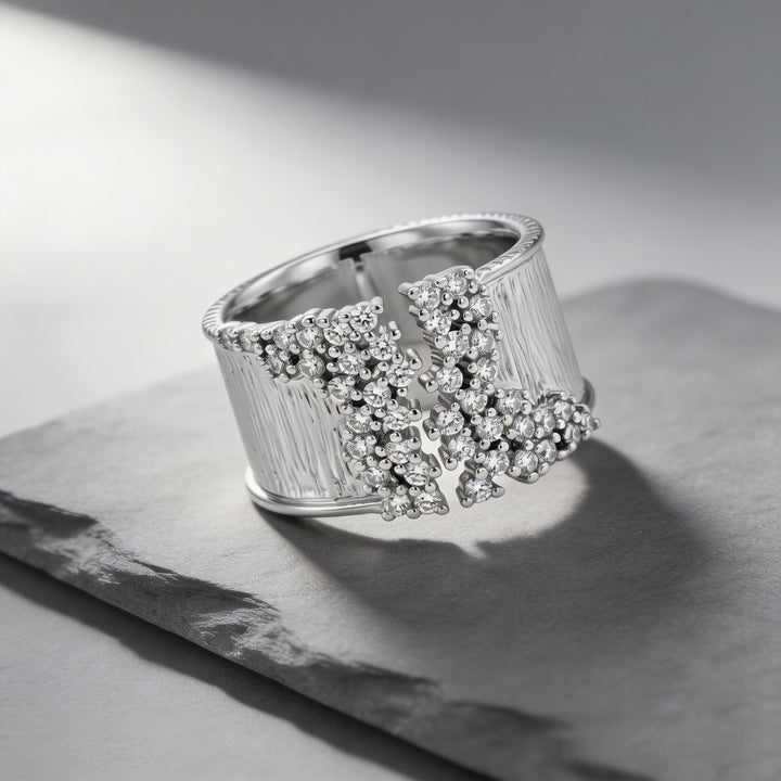 Wide Band Diamond Statement Ring Women Textured Open Cuff Bold Fashion Cocktail Ring
