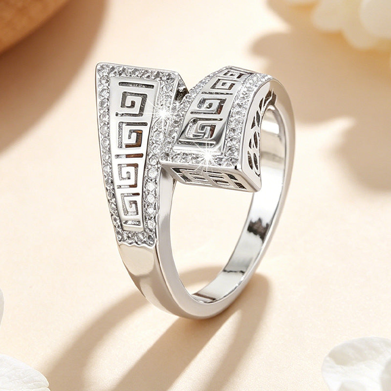 Vintage Geometric Bypass Statement Ring For Women Greek Key Pattern Diamond Inlaid Fashion Jewelry