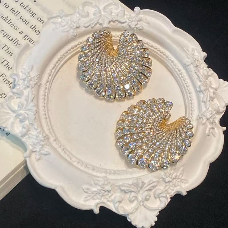 Fan‑Shaped Color Gemstone Paved Diamond Earrings Retro Gorgeous Large Statement Studs