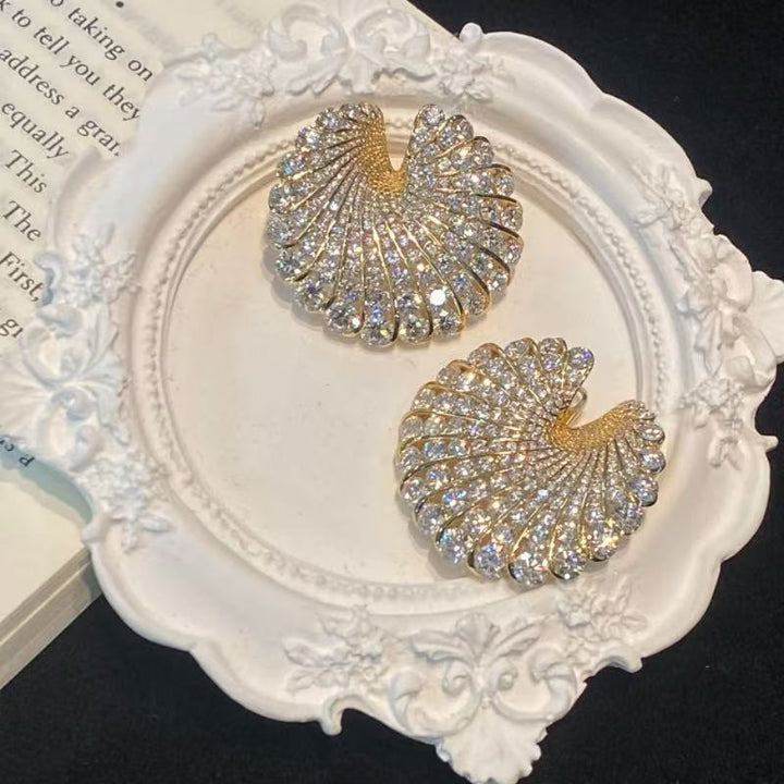 Fan‑Shaped Color Gemstone Paved Diamond Earrings Retro Gorgeous Large Statement Studs