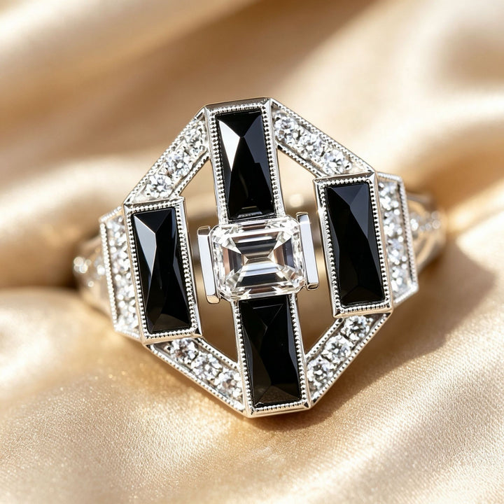 Art Deco Emerald Cut Diamond Statement Ring Black Baguette Agate Geometric Vintage Ring