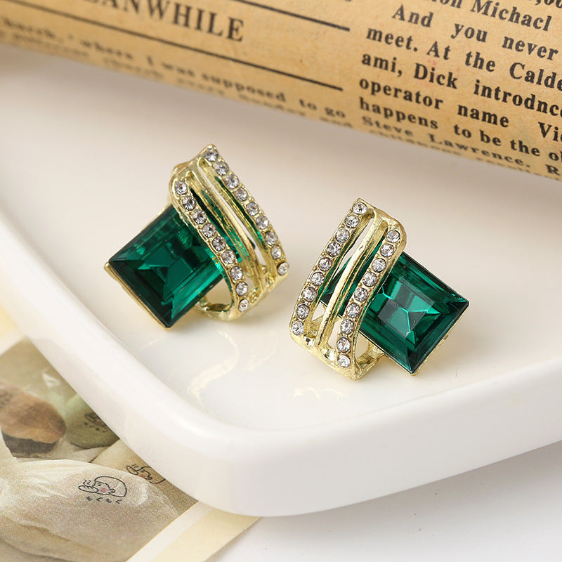 Emerald Square Stone Twist Band Stud Earrings Vintage Luxury Statement Jewelry For Women